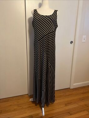 Flattering Linear Sleeveless Black and Taupe Striped Maxi Dress